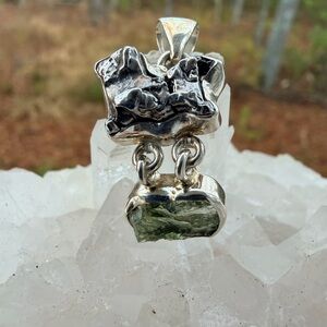 Raw Moldavite & Meteorite 2-Stone Pendant | 925 Sterling Silver | Dangle Design